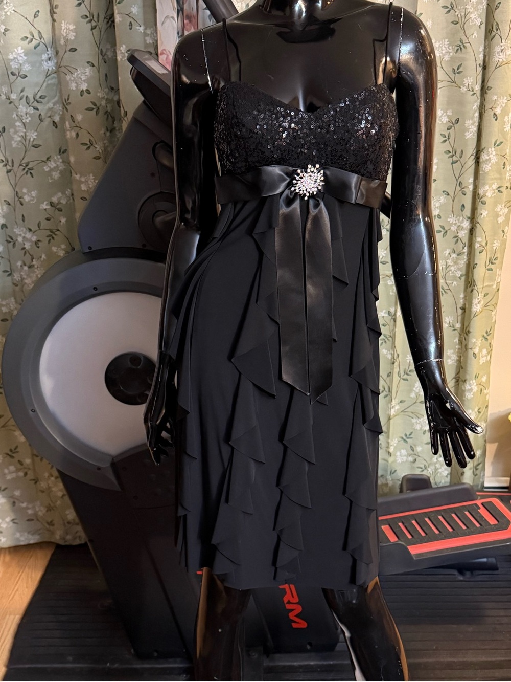 Cache Black Sequin Bodice Mini Dress with Satin Ribbon